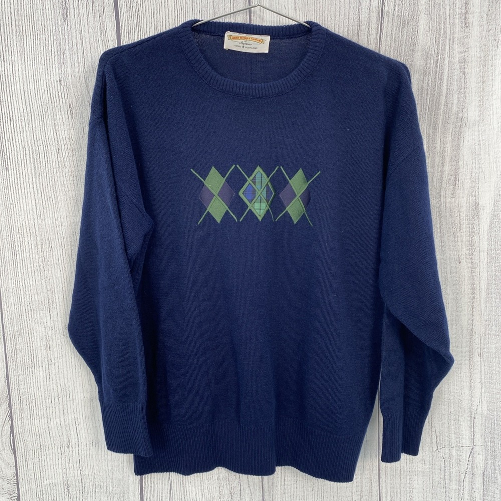 James Pringle Weavers Jumper Mens MEDIUM Navy Blue Wool Argyle Golf Sweater